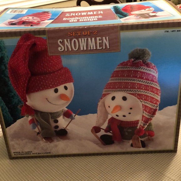 Vintage Set of 2 Skiing Snowmen Colourful Knit Toques & Scarves 12” Tall #OS - Picture 7 of 8